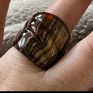 Vintage, Honey Bronze Glittered Marbled Glass Statement Ring, Size 7 1/4